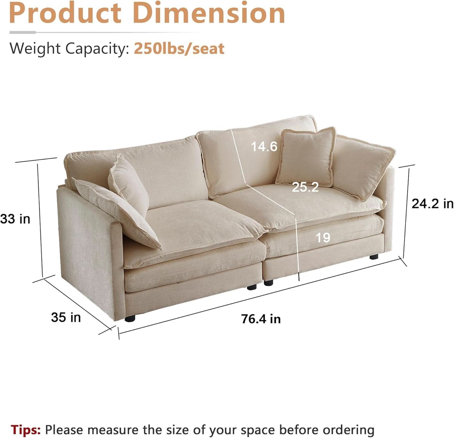 Chenille 76 Inch Loveseat Sofa Light Coffee Armrest Pillows