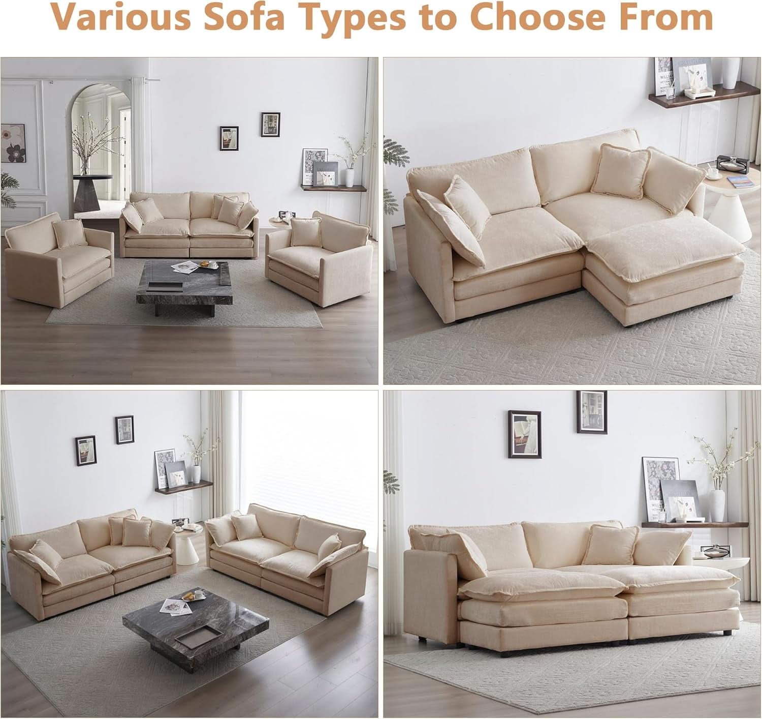 Chenille 76 Inch Loveseat Sofa Light Coffee Armrest Pillows