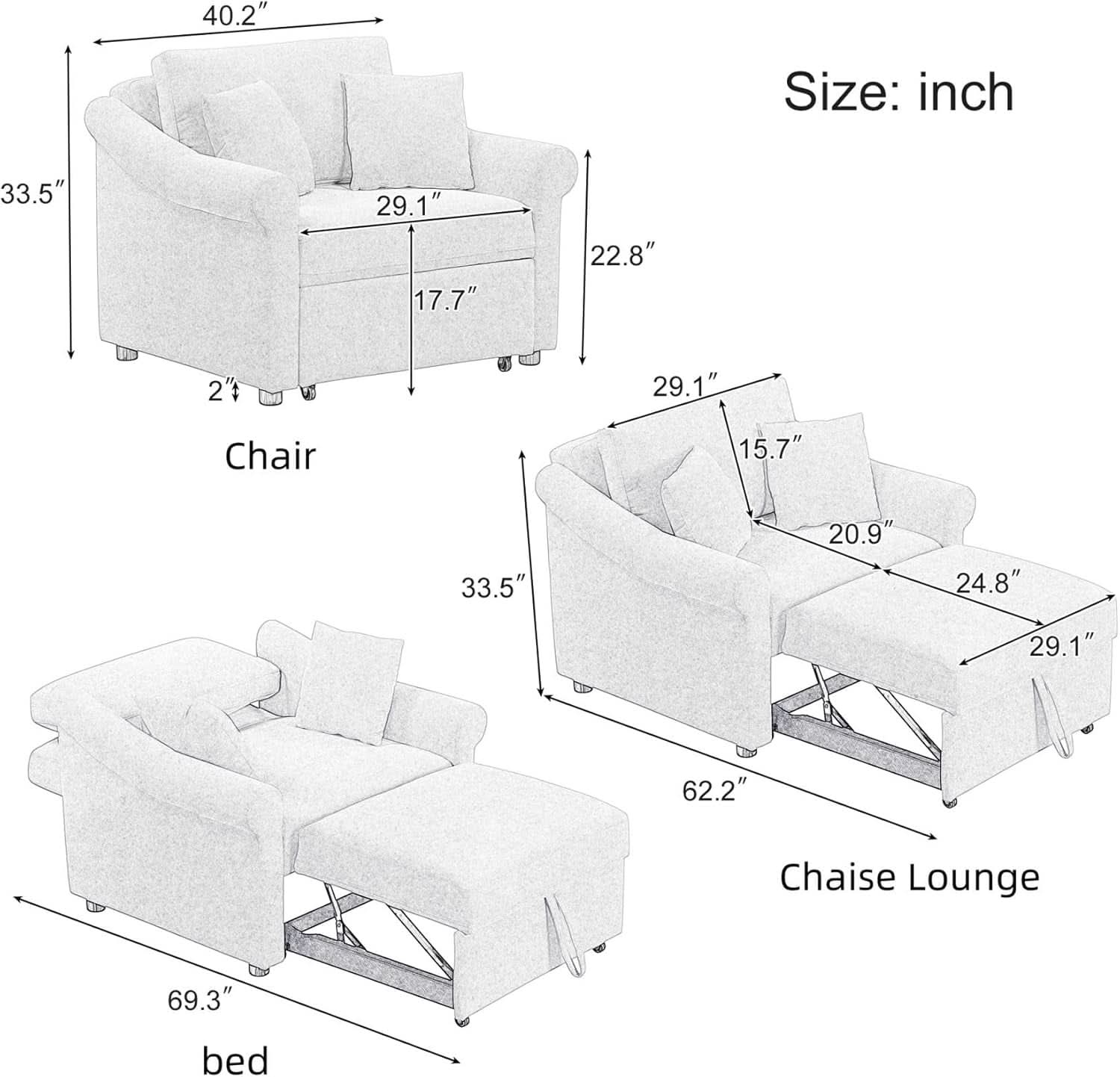 Chenille Convertible Sleeper Chair With Backrest Beige