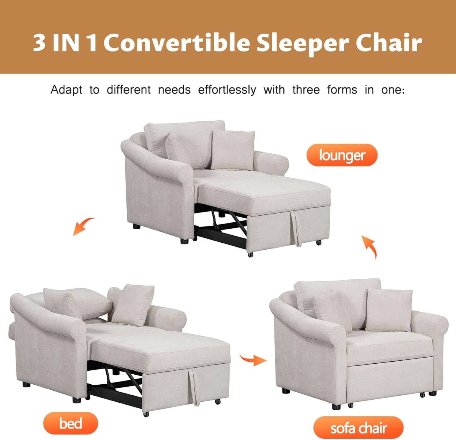 Chenille Convertible Sleeper Chair With Backrest Beige