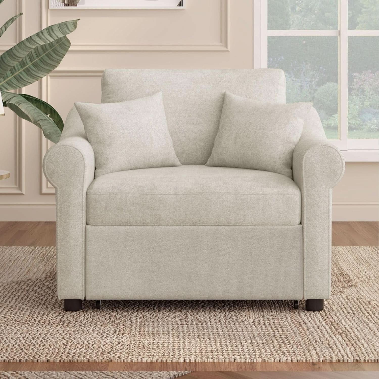 Chenille Convertible Sleeper Chair With Backrest Beige