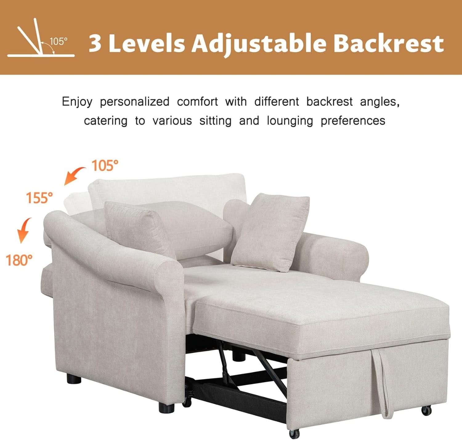 Chenille Convertible Sleeper Chair With Backrest Beige
