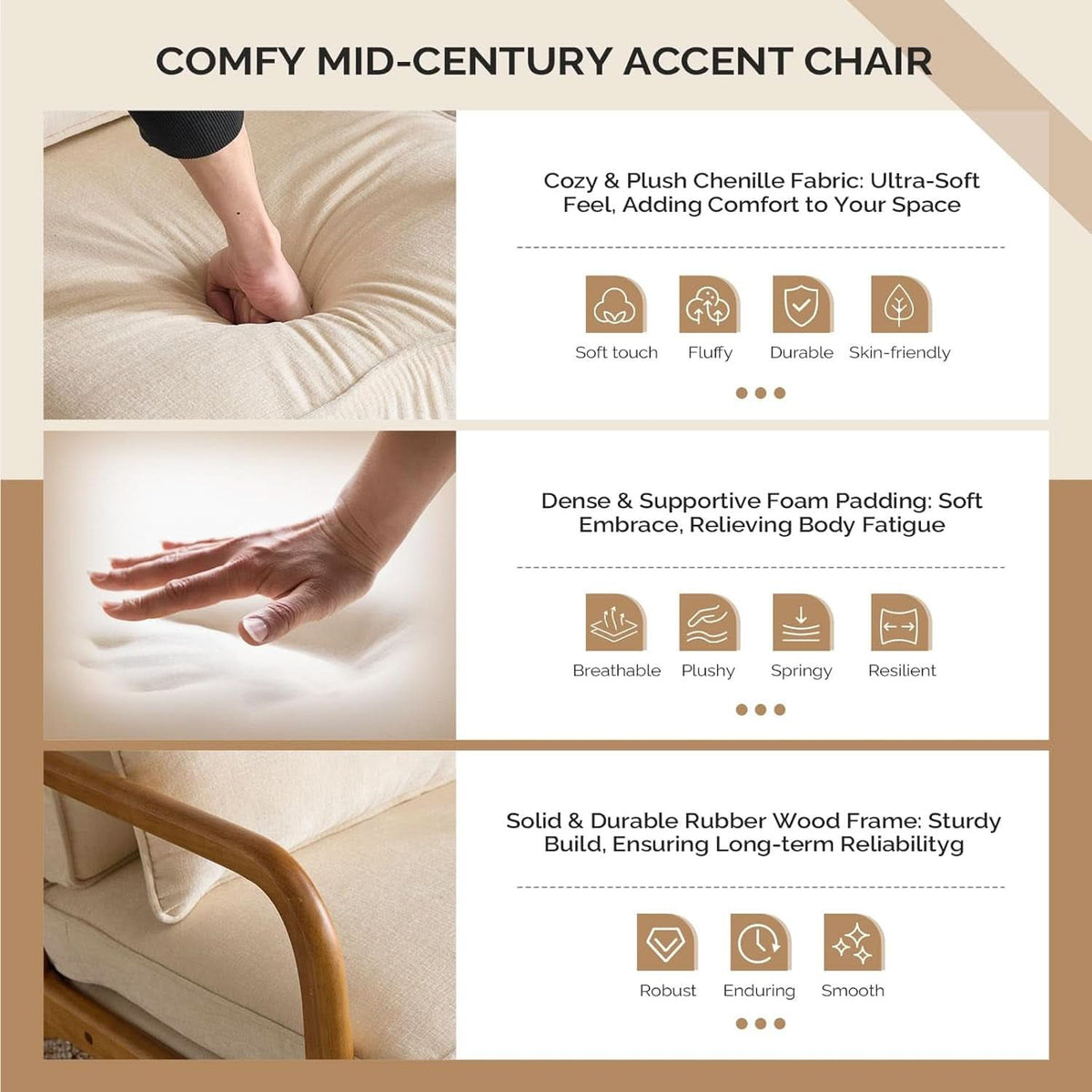 Chenille Mid Century Modern Accent Chair Set of 2 Cream