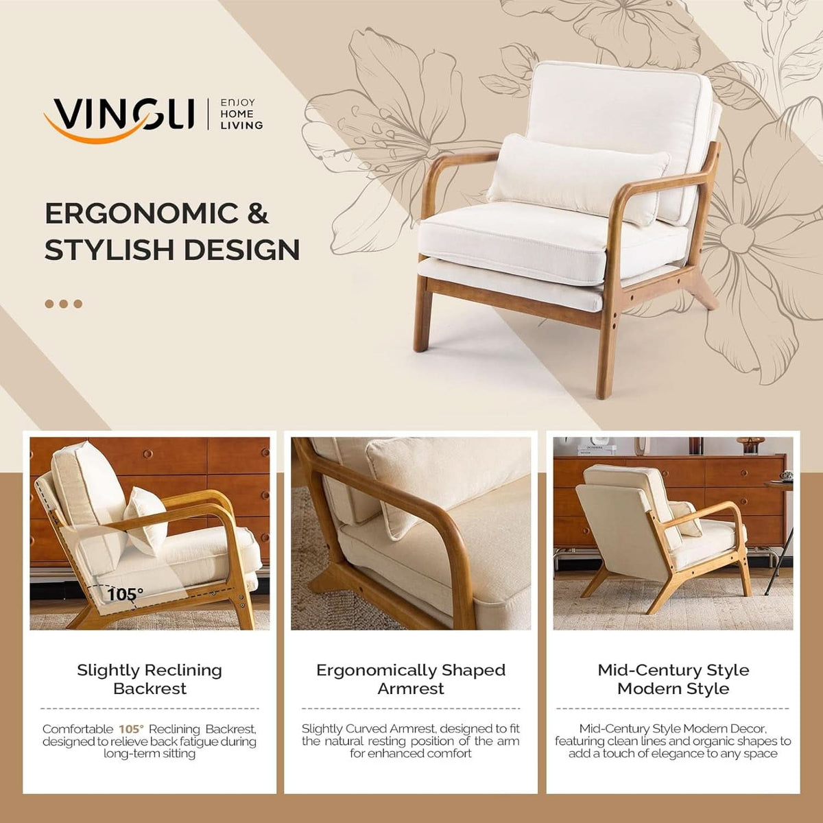 Chenille Mid Century Modern Accent Chair Set of 2 Cream