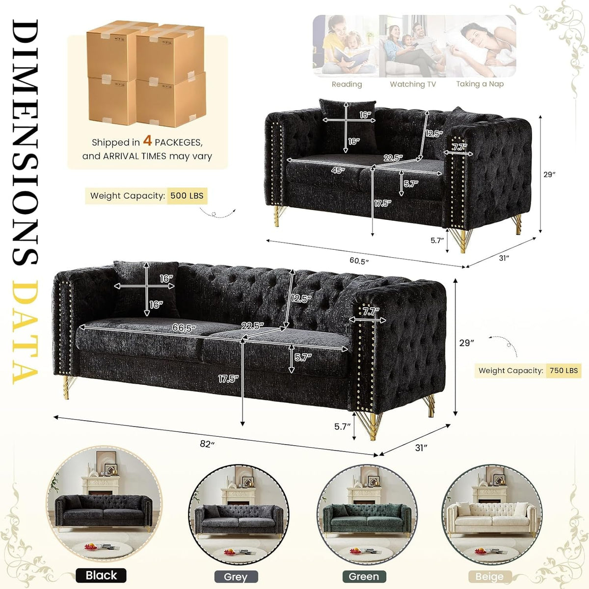 Chenille Sofa Loveseat Set With Button Tufting Nailhead Trim Metal Legs 2 Piece Living Room Furniture In Black