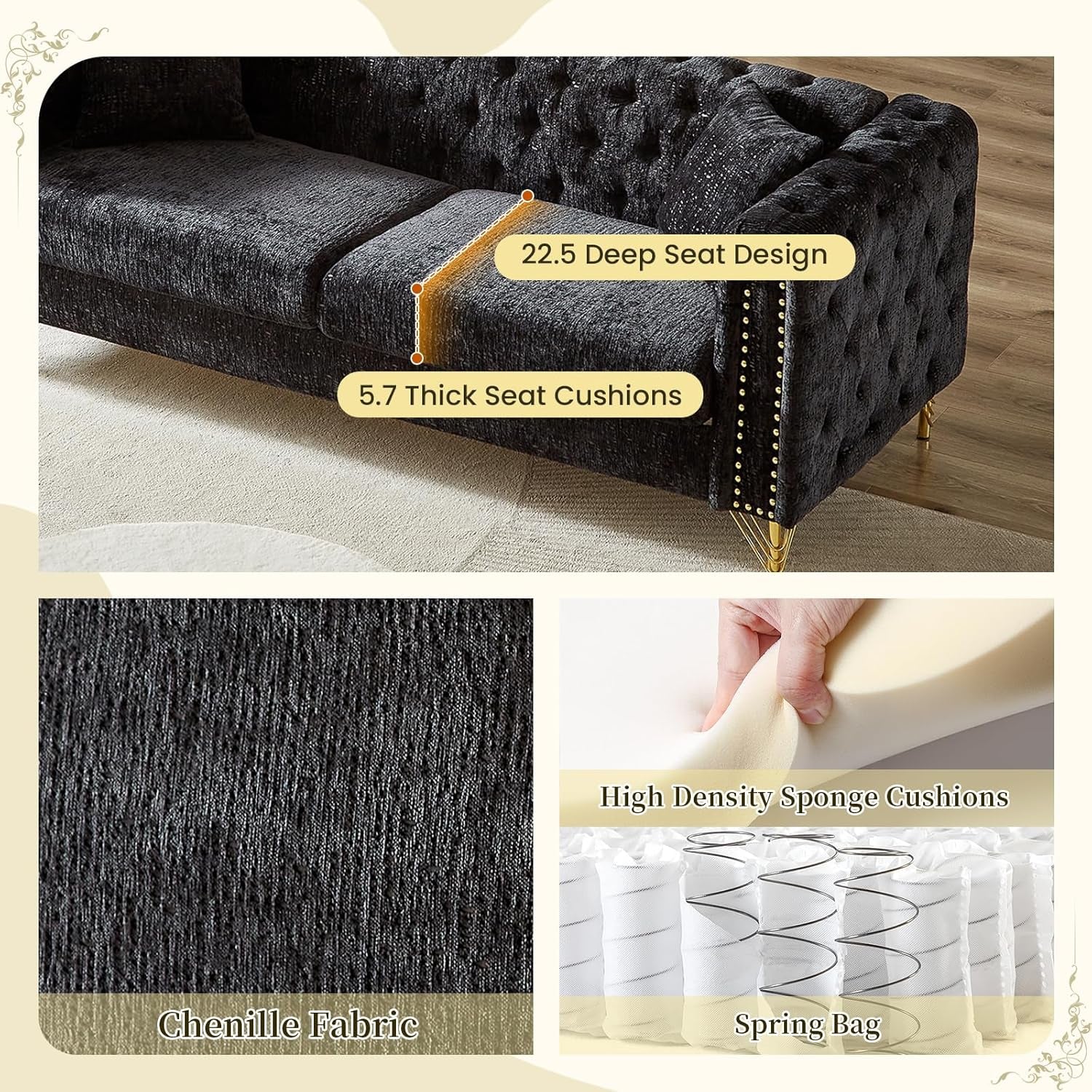 Chenille Sofa Loveseat Set With Button Tufting Nailhead Trim Metal Legs 2 Piece Living Room Furniture In Black
