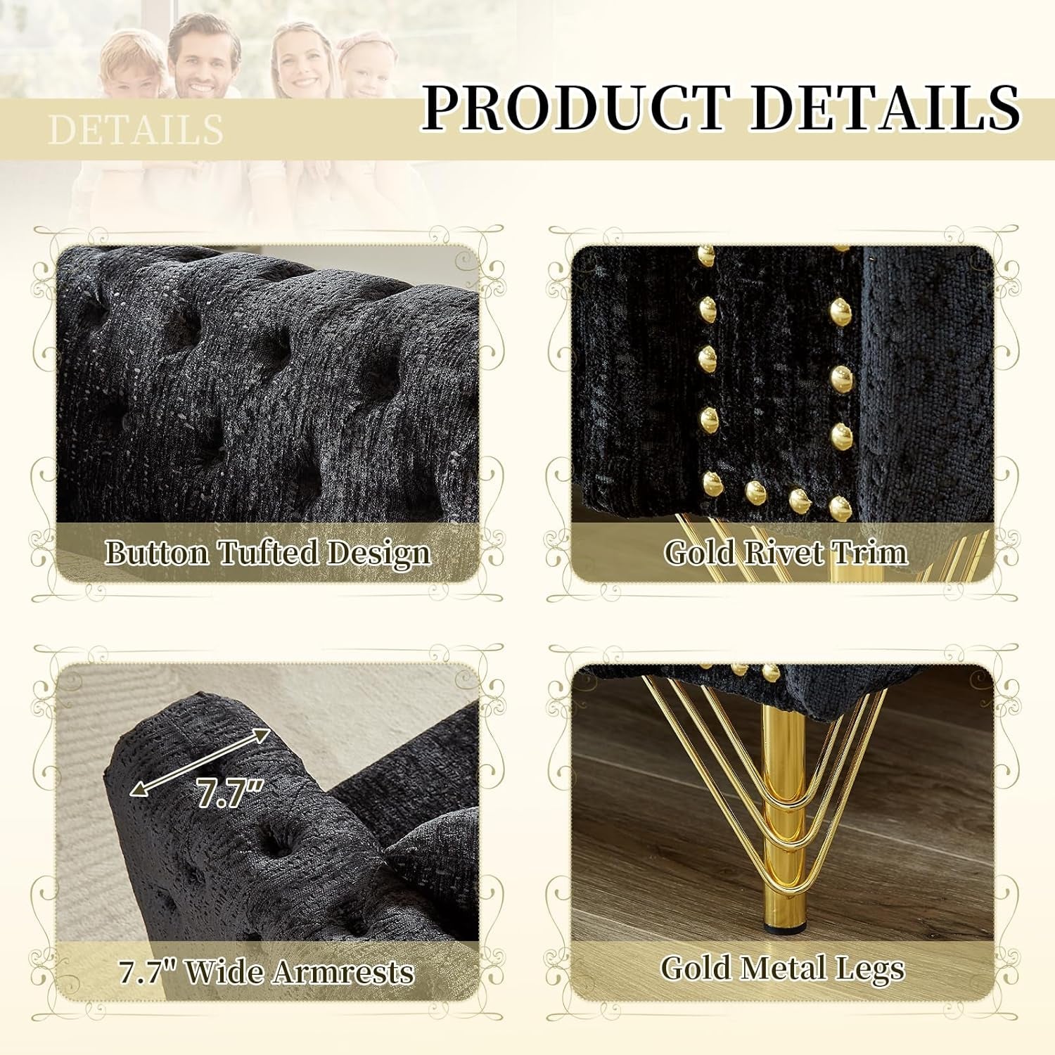Chenille Sofa Loveseat Set With Button Tufting Nailhead Trim Metal Legs 2 Piece Living Room Furniture In Black