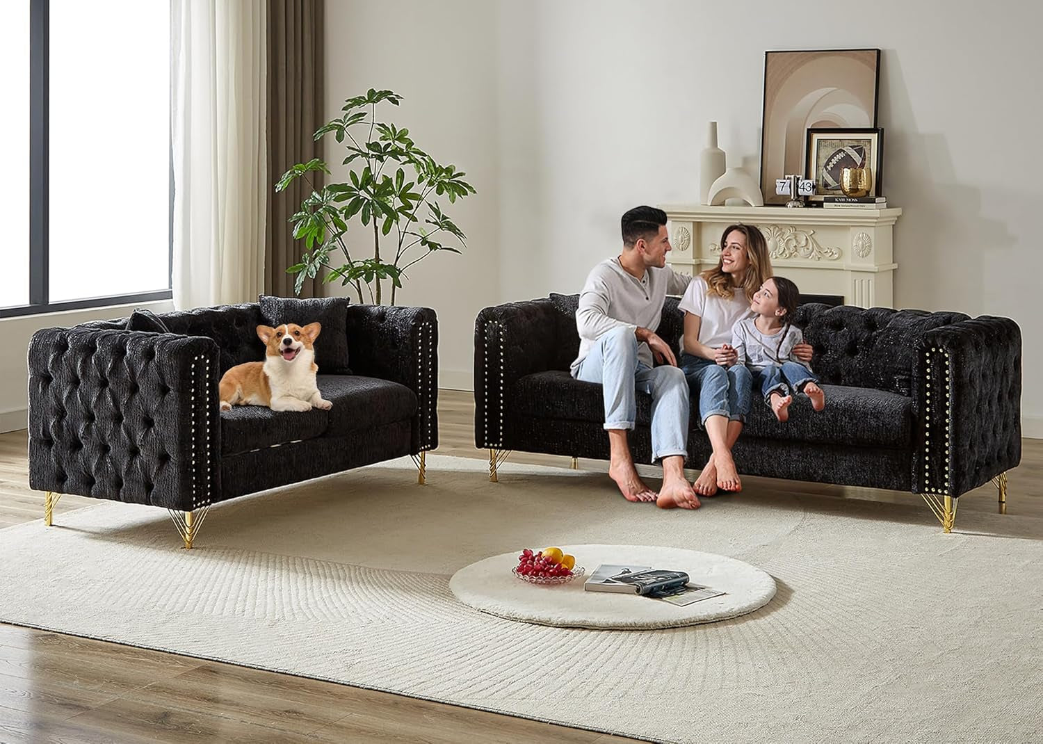 Chenille Sofa Loveseat Set With Button Tufting Nailhead Trim Metal Legs 2 Piece Living Room Furniture In Black