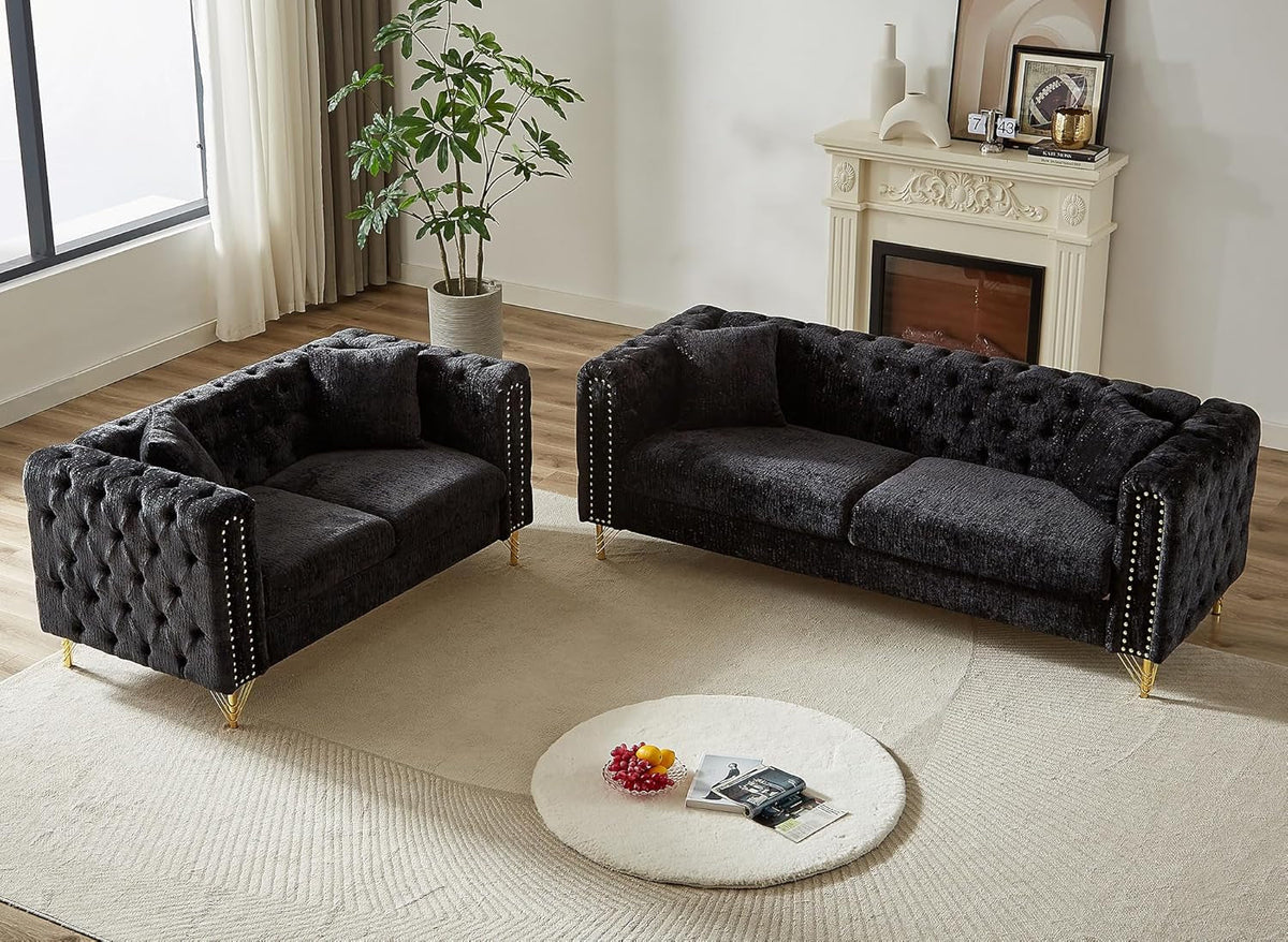 Chenille Sofa Loveseat Set With Button Tufting Nailhead Trim Metal Legs 2 Piece Living Room Furniture In Black