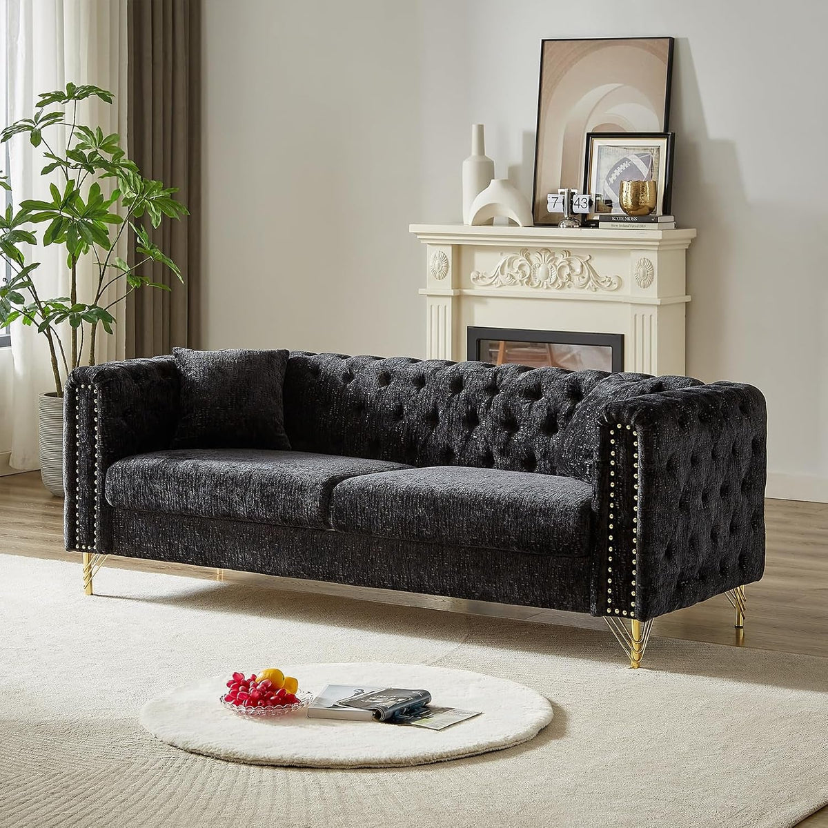 Chenille Sofa Loveseat Set With Button Tufting Nailhead Trim Metal Legs 2 Piece Living Room Furniture In Black