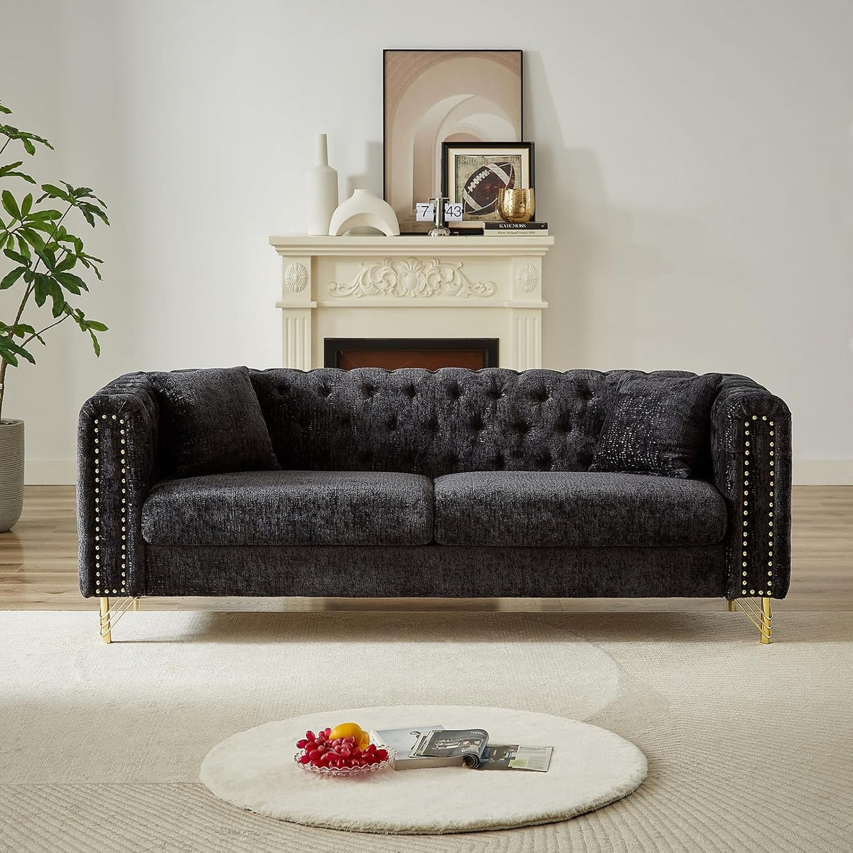 Chenille Sofa Loveseat Set With Button Tufting Nailhead Trim Metal Legs 2 Piece Living Room Furniture In Black