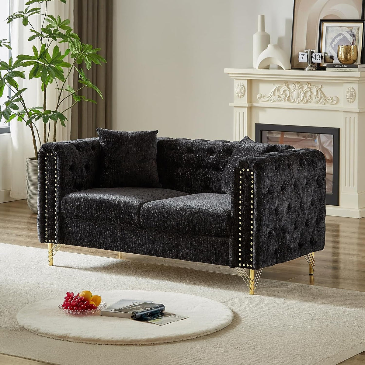 Chenille Sofa Loveseat Set With Button Tufting Nailhead Trim Metal Legs 2 Piece Living Room Furniture In Black
