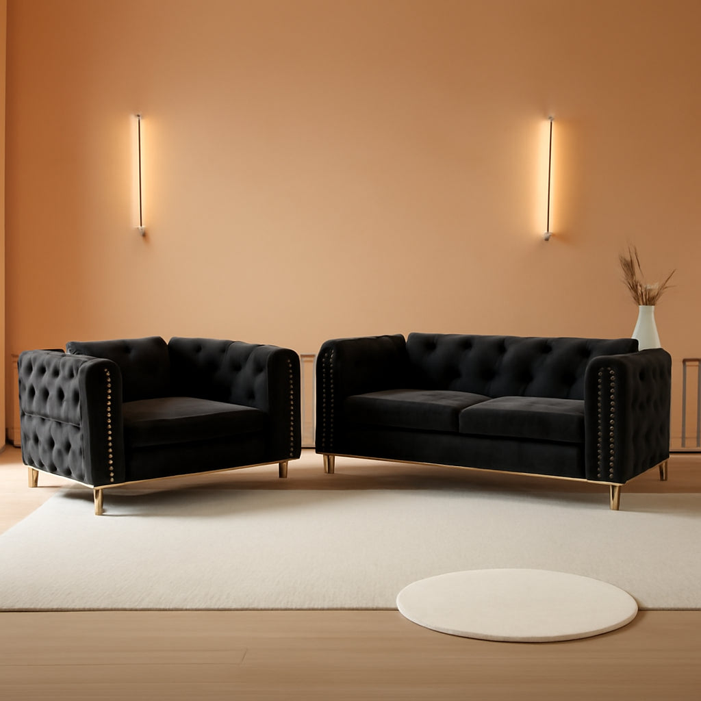 Chenille Sofa Loveseat Set With Button Tufting Nailhead Trim Metal Legs 2 Piece Living Room Furniture In Black