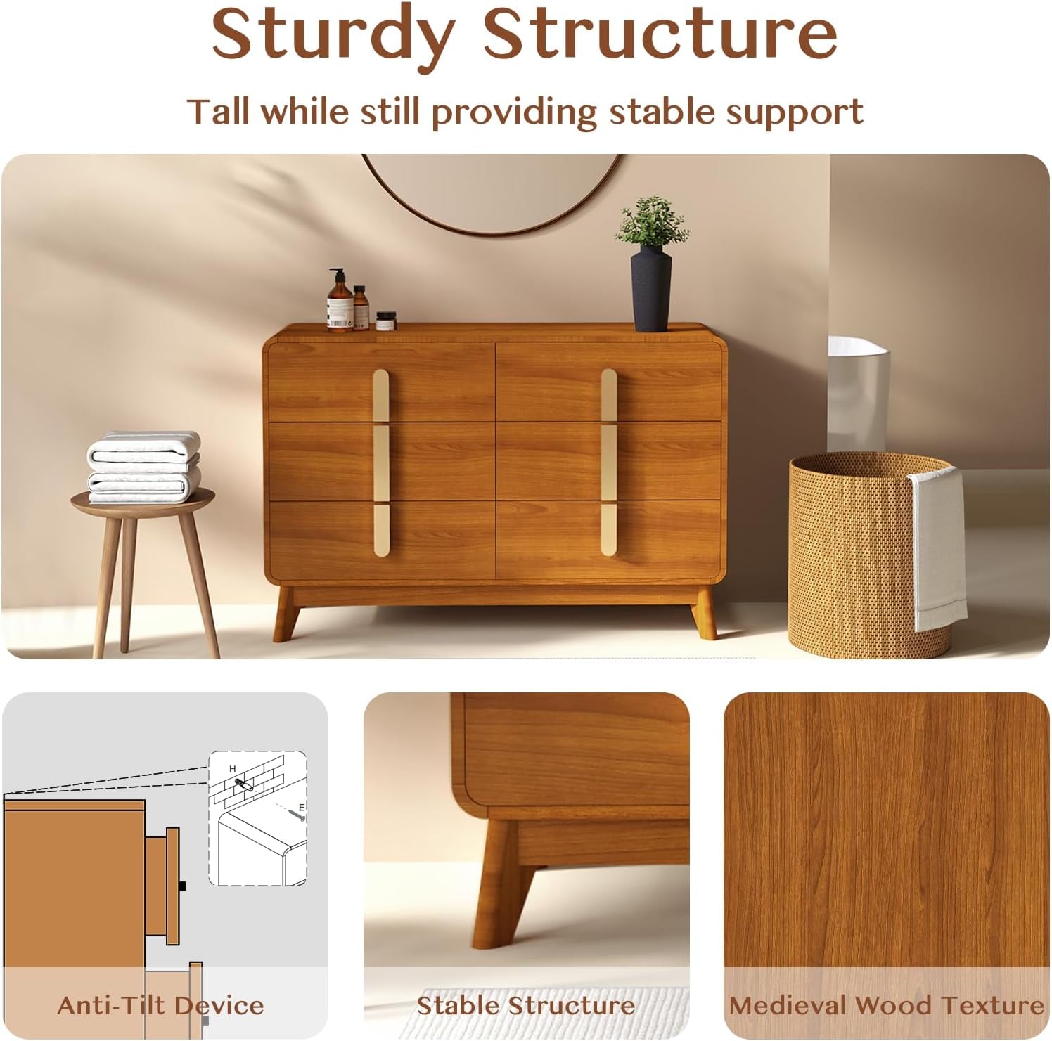 Cherry 6 Drawer Dresser Mid Century Modern Bedroom Storage