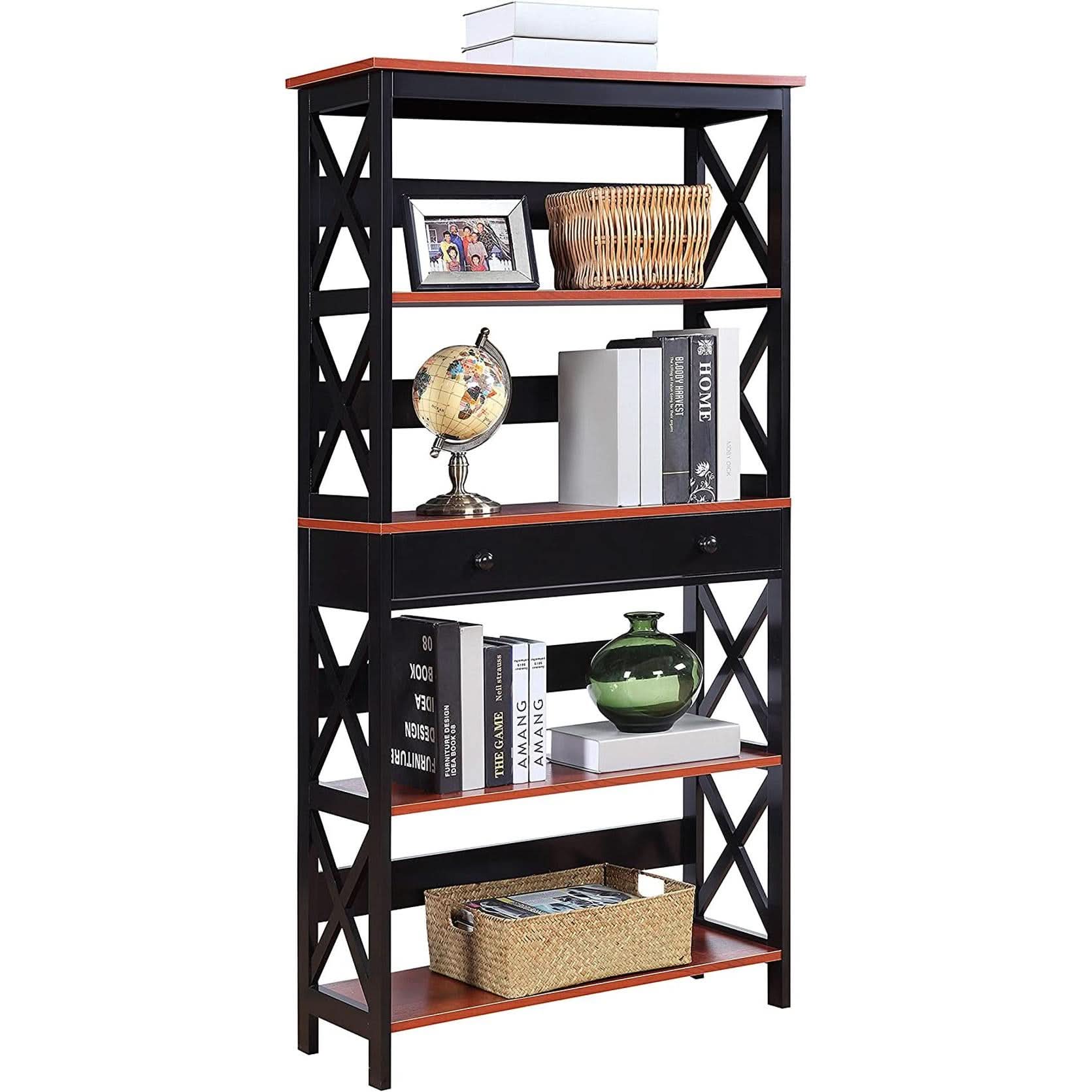 Cherry Black Oxford 5 Tier Bookcase With Drawer Home Office