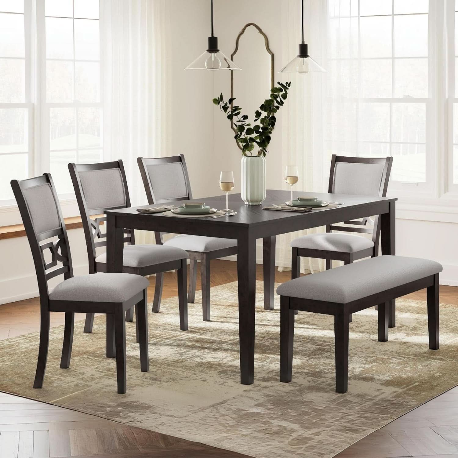 Cherry Brown Transitional Table Set Cushioned Chairs