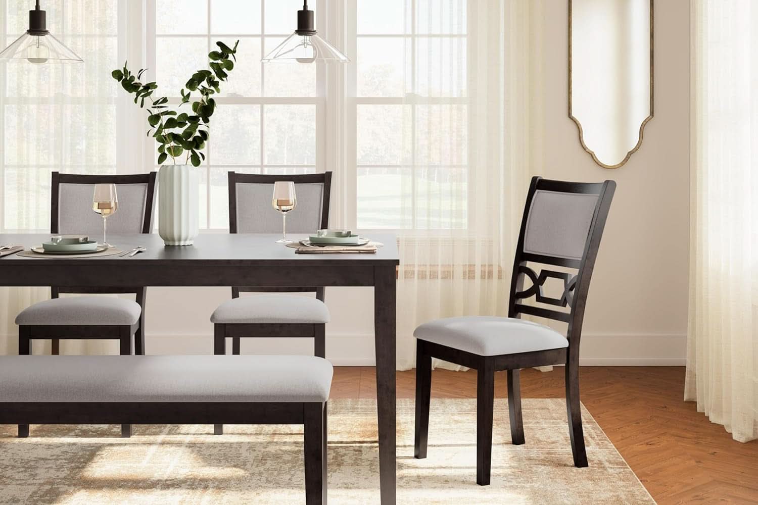 Cherry Brown Transitional Table Set Cushioned Chairs