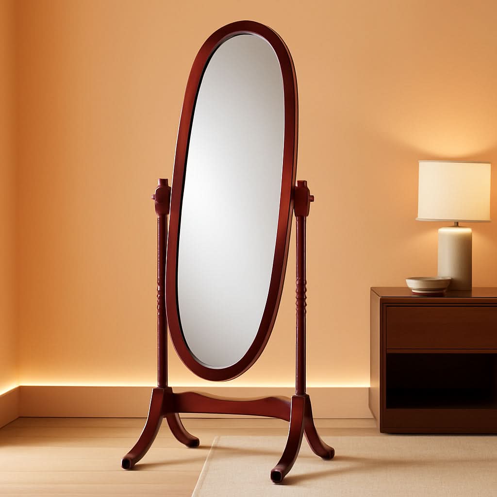Cherry Finish Cheval Floor Mirror With Tilting Feature