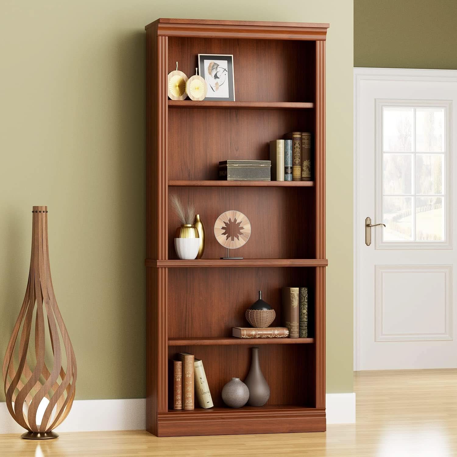 Cherry Five Shelf Wooden Standing Bookcase For Living Room