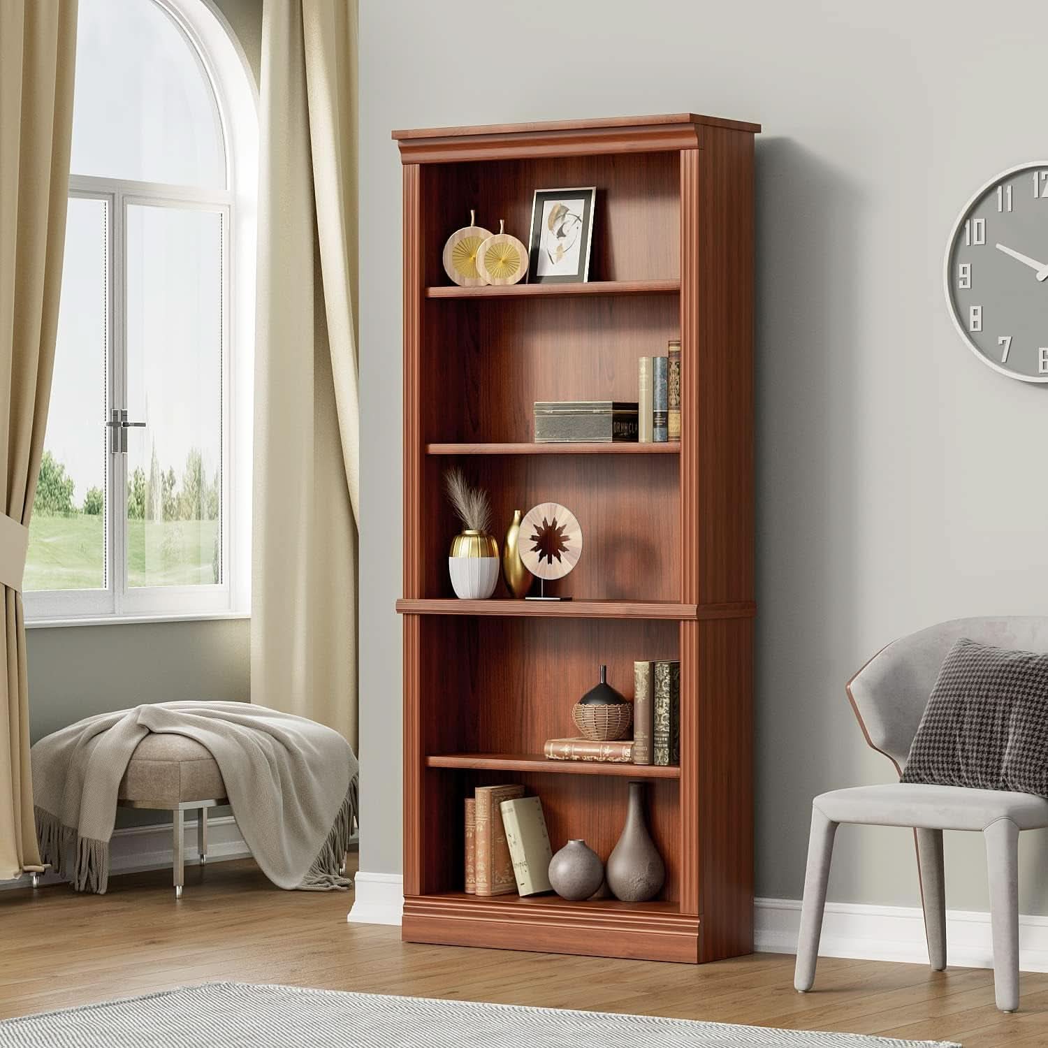 Cherry Five Shelf Wooden Standing Bookcase For Living Room