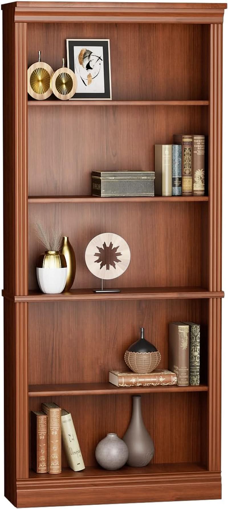Cherry Five Shelf Wooden Standing Bookcase For Living Room