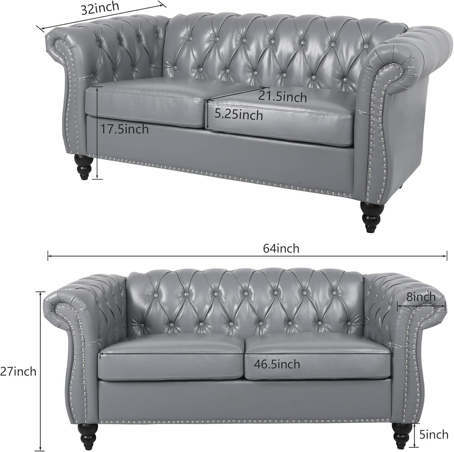 Chesterfield PU Leather Sofa Loveseat Set Gray With Nailhead Trim For Living Room And Office
