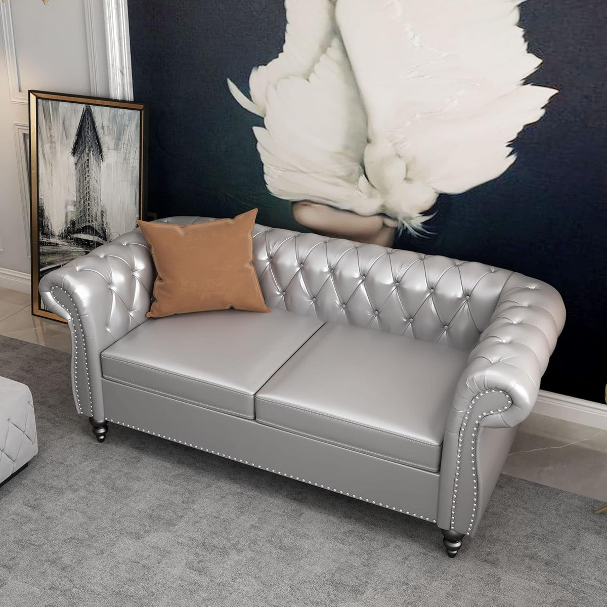 Chesterfield PU Leather Sofa Loveseat Set Gray With Nailhead Trim For Living Room And Office