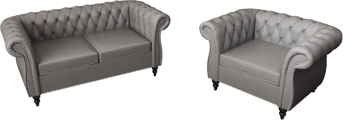 Chesterfield PU Leather Sofa Loveseat Set Gray With Nailhead Trim For Living Room And Office