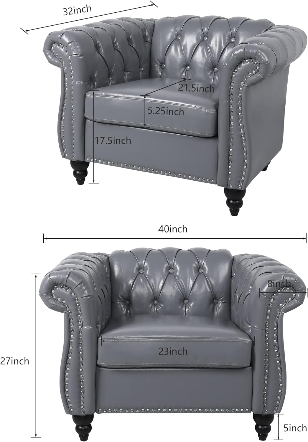 Chesterfield PU Leather Sofa Loveseat Set Gray With Nailhead Trim For Living Room And Office