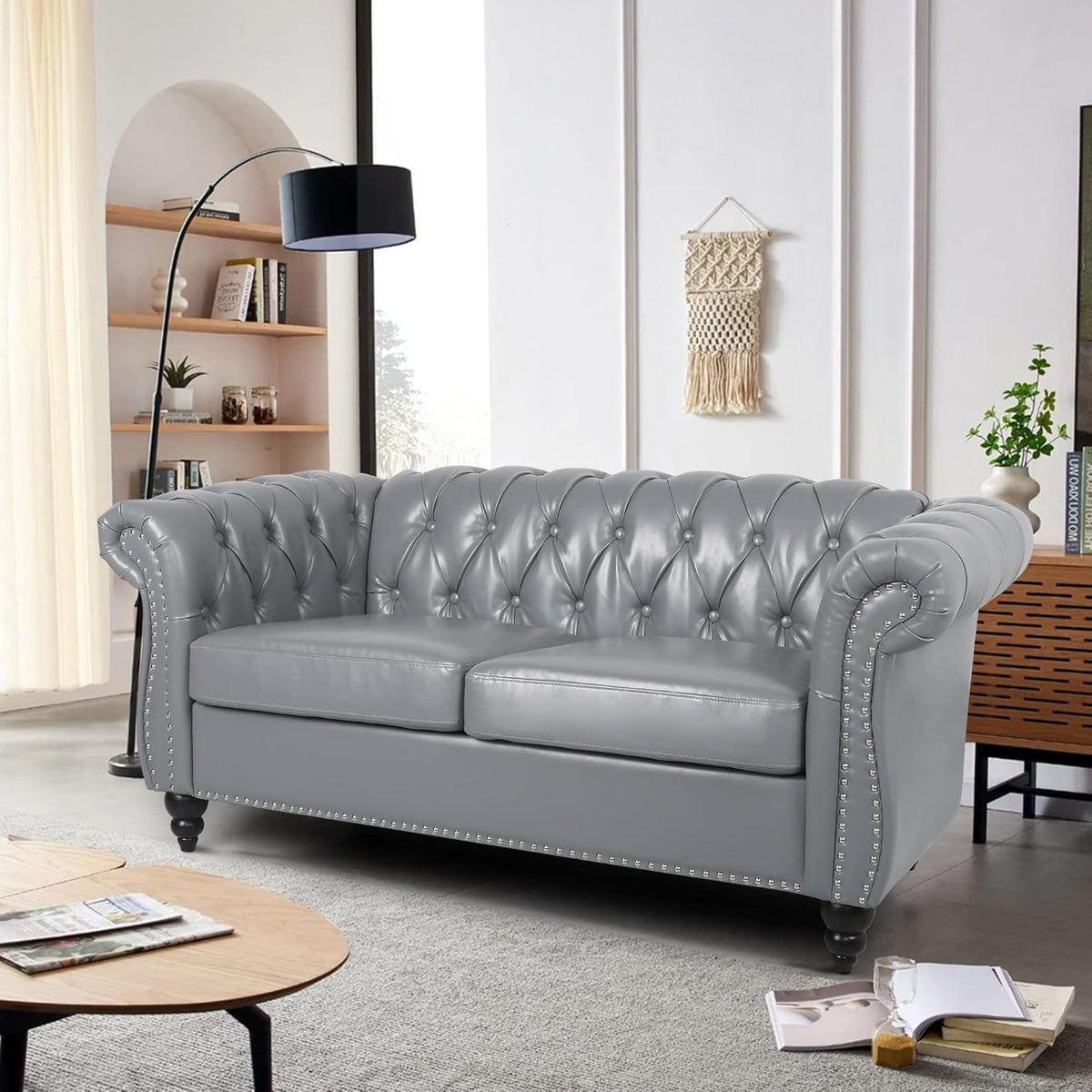 Chesterfield PU Leather Sofa Loveseat Set Gray With Nailhead Trim For Living Room And Office