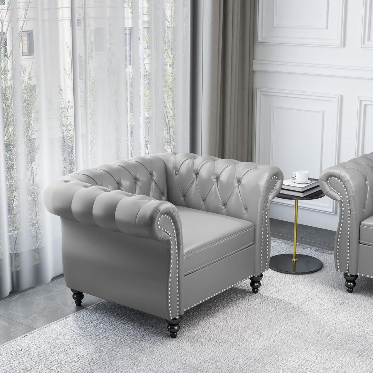 Chesterfield PU Leather Sofa Loveseat Set Gray With Nailhead Trim For Living Room And Office