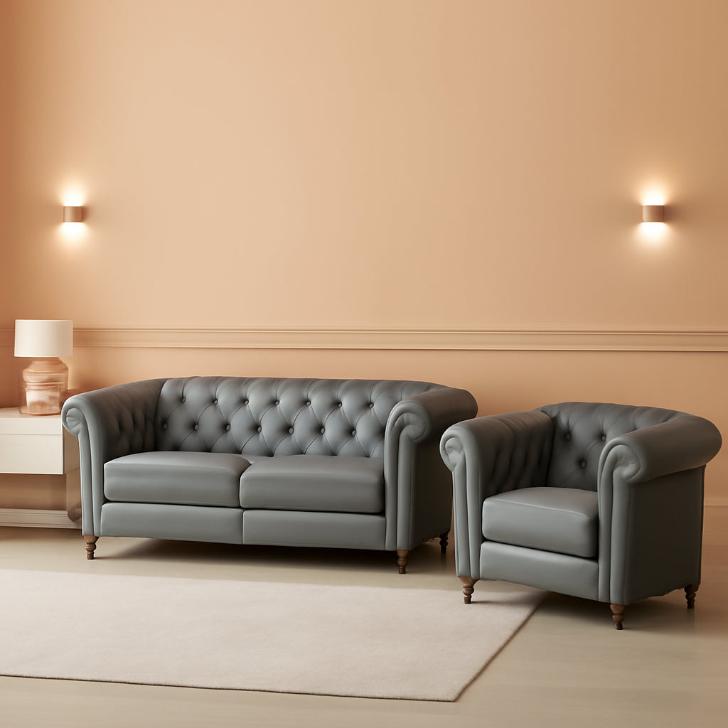 Chesterfield PU Leather Sofa Loveseat Set Gray With Nailhead Trim For Living Room And Office