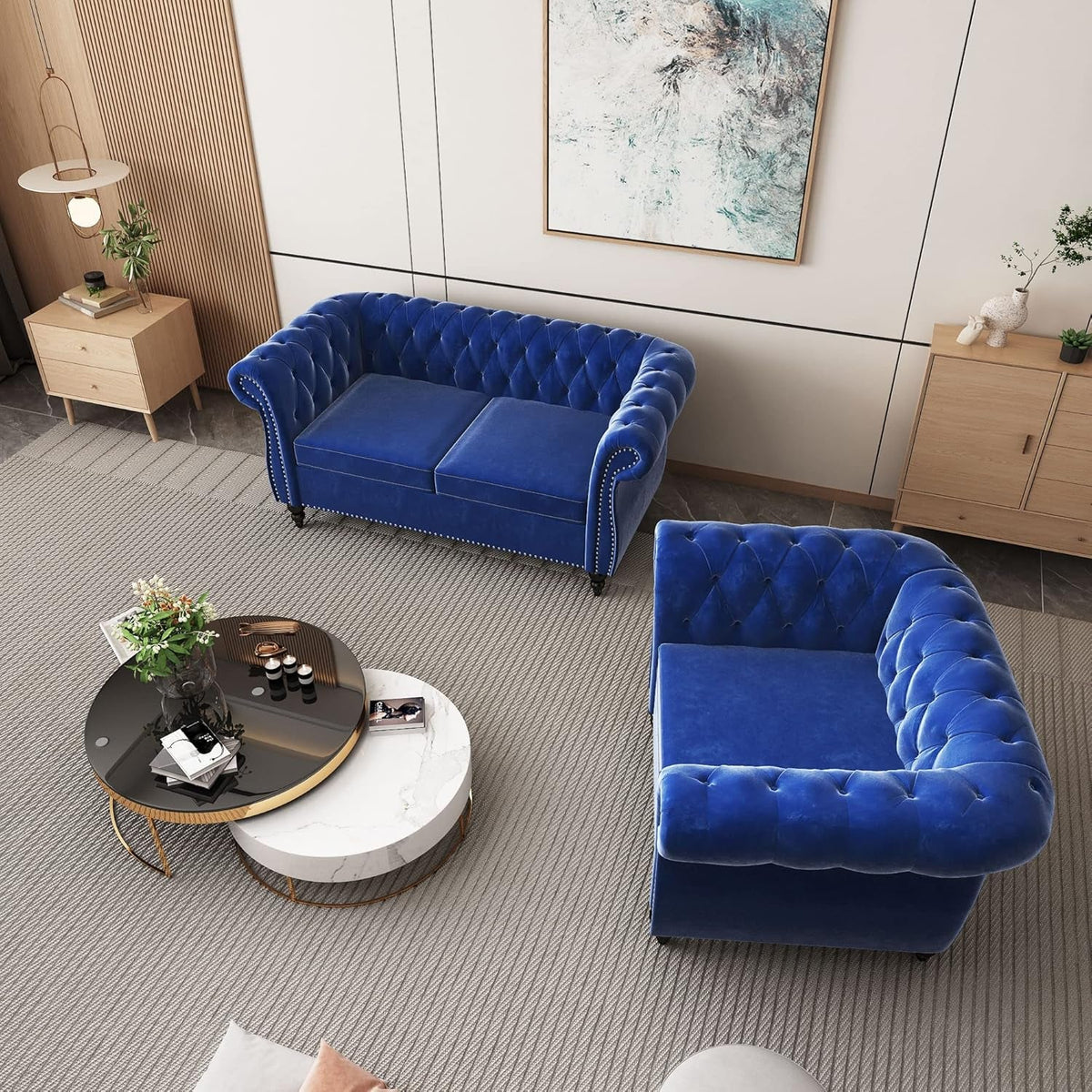 Chesterfield Velvet Sofa Set Blue 2Piece Living Room