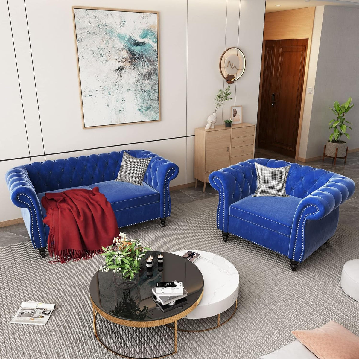 Chesterfield Velvet Sofa Set Blue 2Piece Living Room