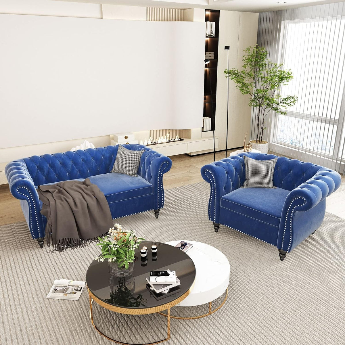 Chesterfield Velvet Sofa Set Blue 2Piece Living Room