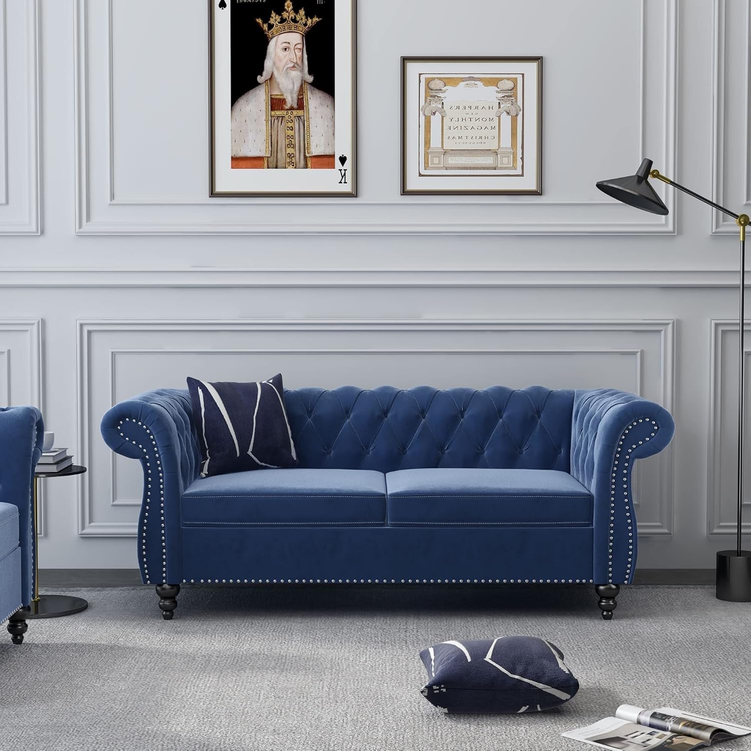 Chesterfield Velvet Sofa Set Blue 2Piece Living Room