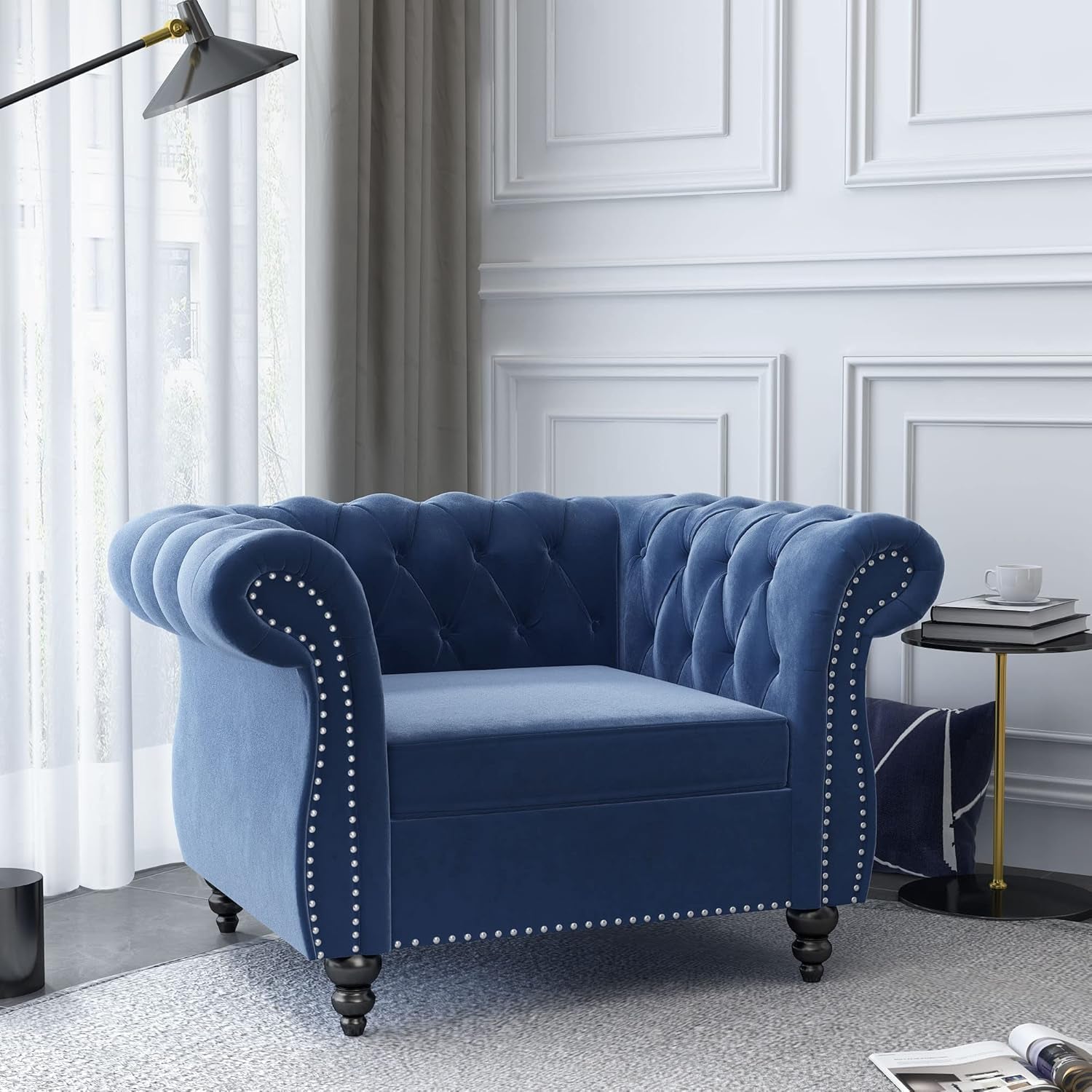 Chesterfield Velvet Sofa Set Blue 2Piece Living Room