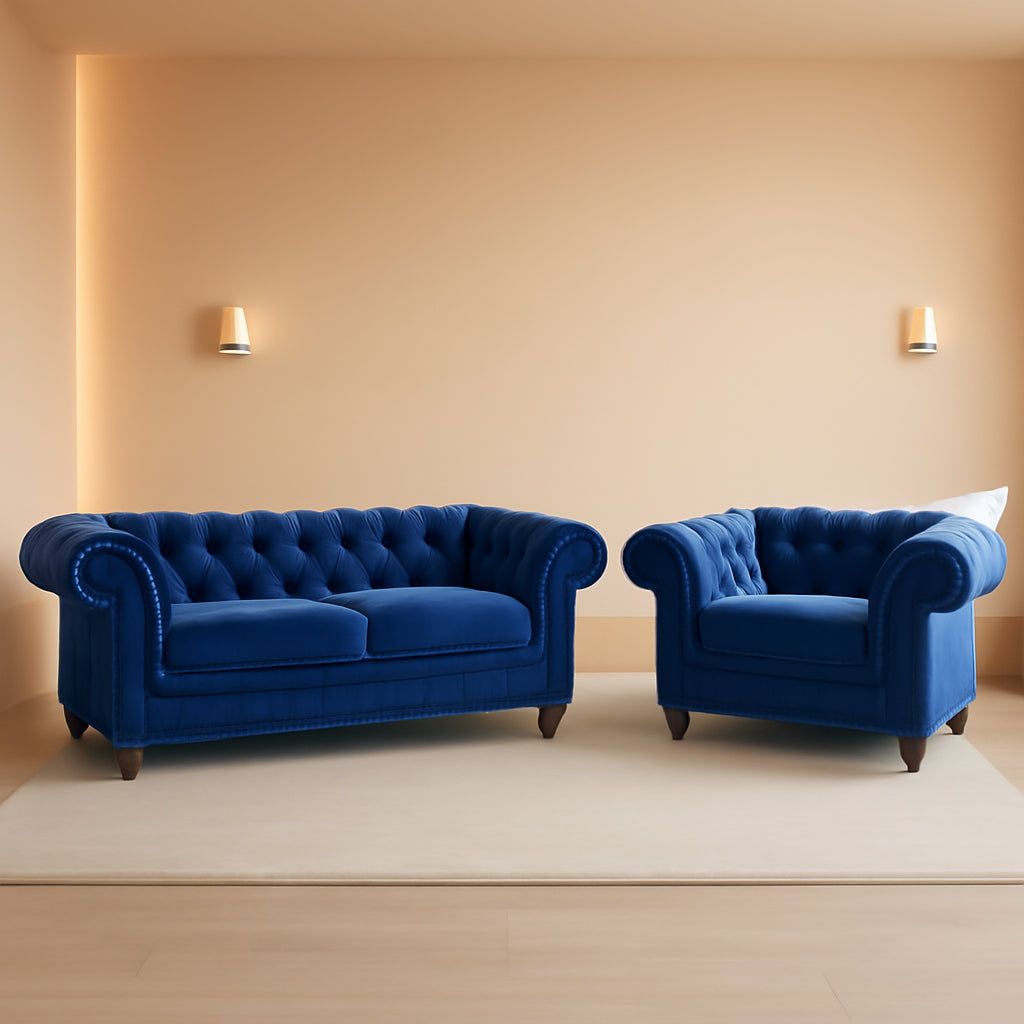 Chesterfield Velvet Sofa Set Blue 2Piece Living Room