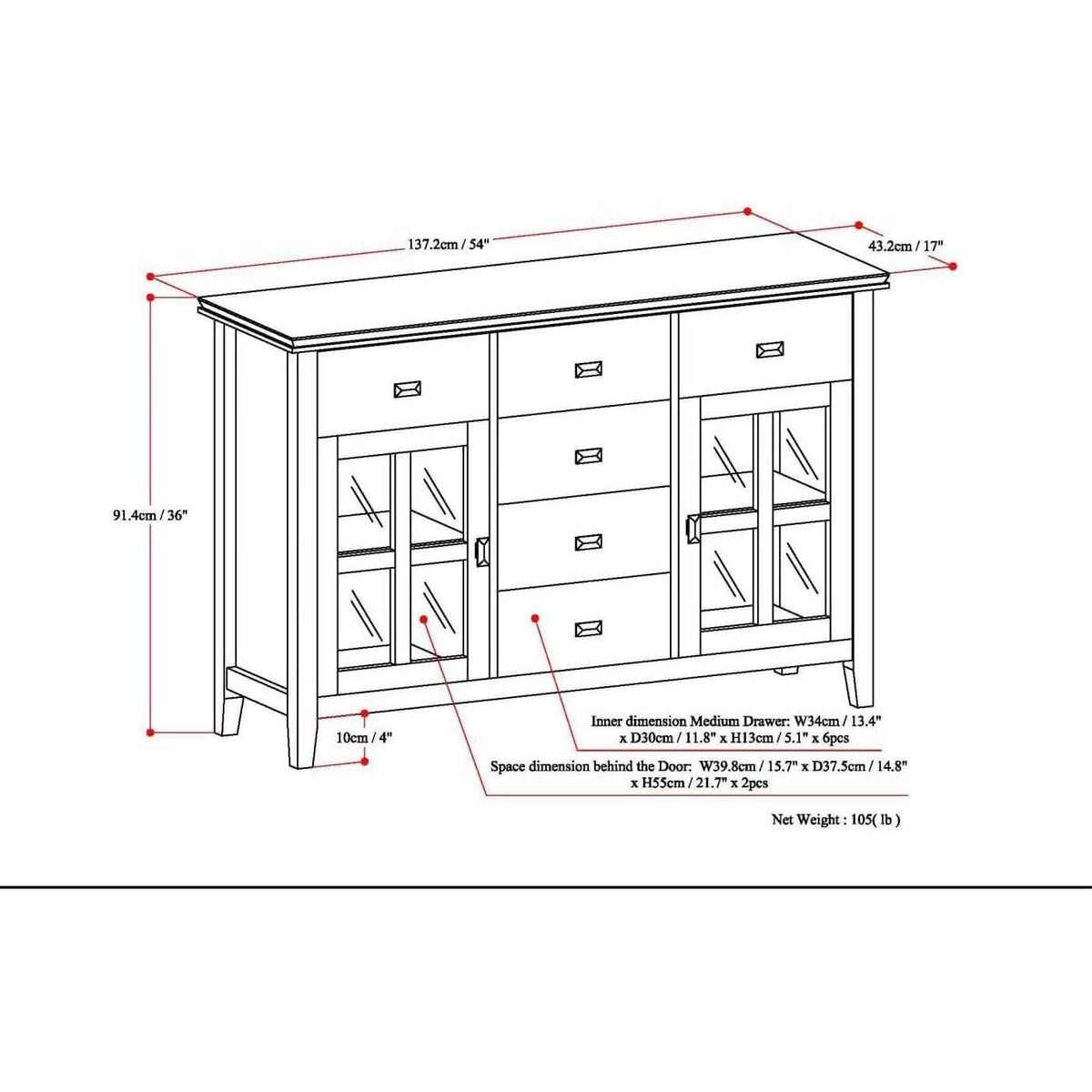 Chestnut Brown Contemporary Sideboard With Glass Doors