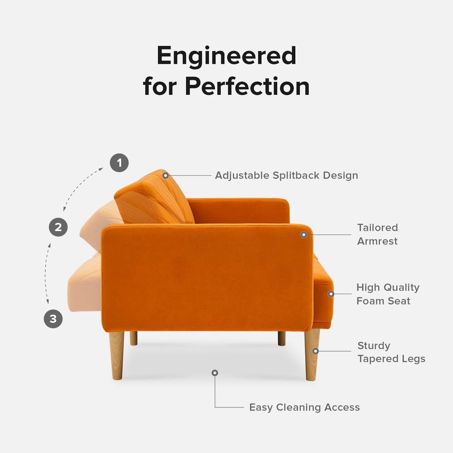 Chloe Futon Sofa Bed With Tapered Legs Adjustable Back