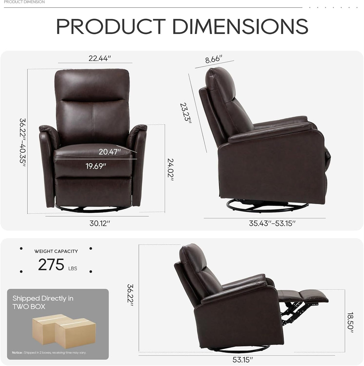 Chocolate Leather Swivel Recliner Chair With Footrest