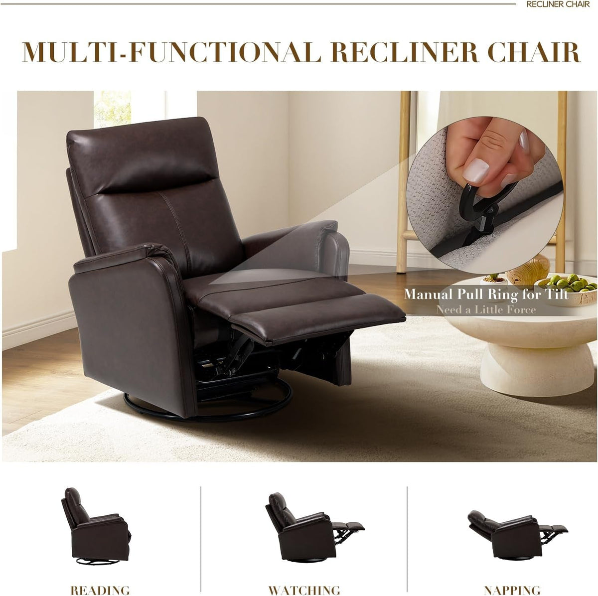 Chocolate Leather Swivel Recliner Chair With Footrest