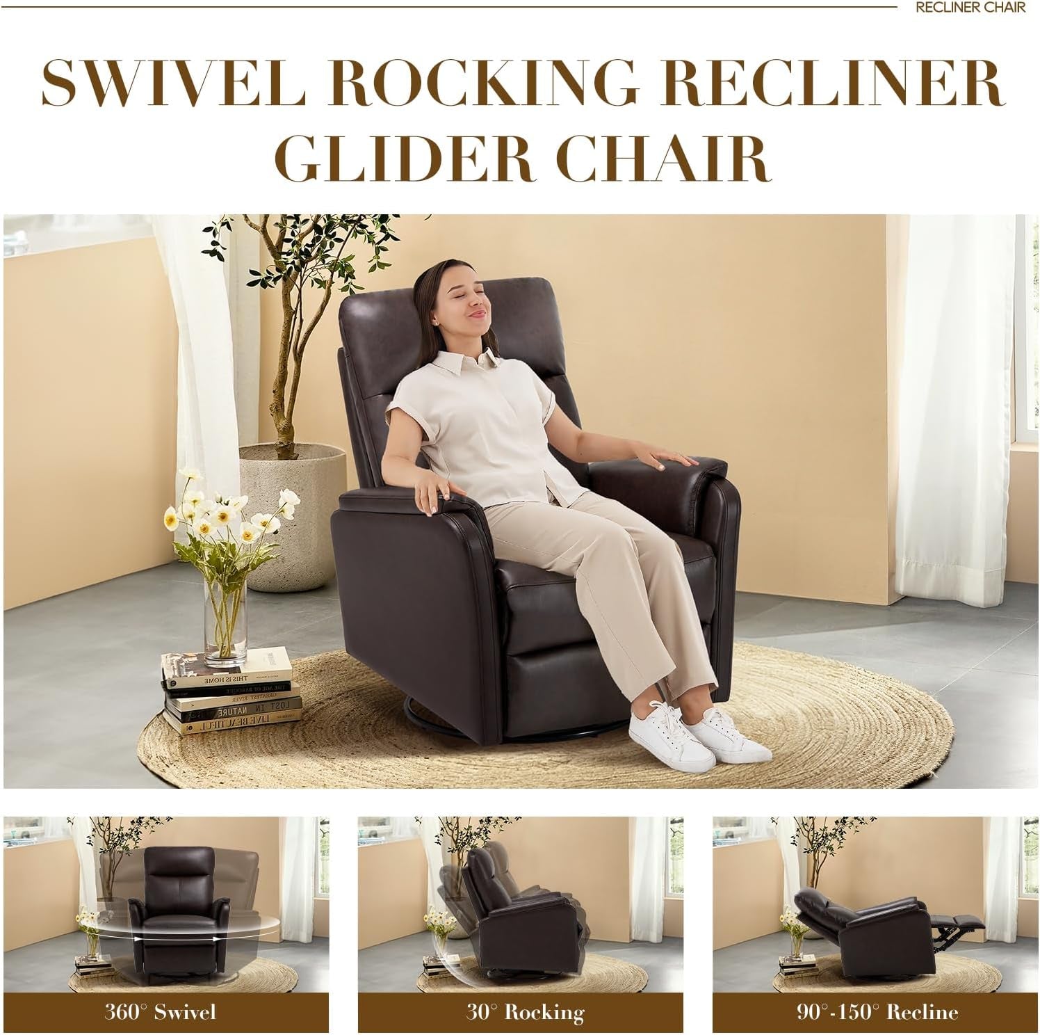 Chocolate Leather Swivel Recliner Chair With Footrest