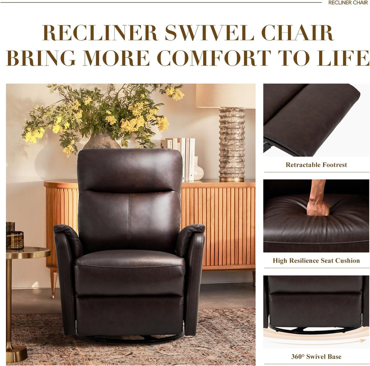 Chocolate Leather Swivel Recliner Chair With Footrest