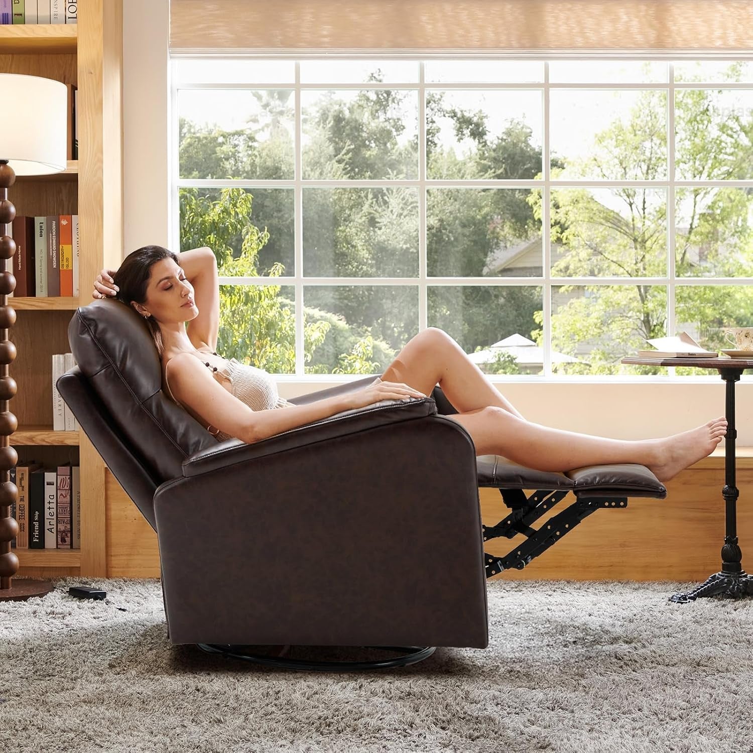 Chocolate Leather Swivel Recliner Chair With Footrest