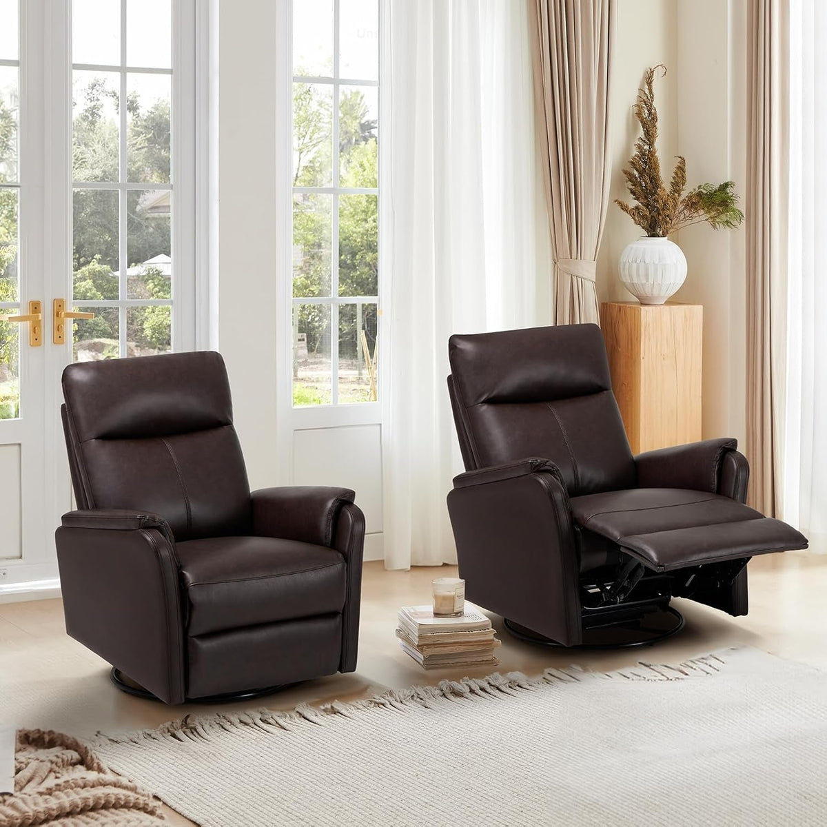 Chocolate Leather Swivel Recliner Chair With Footrest