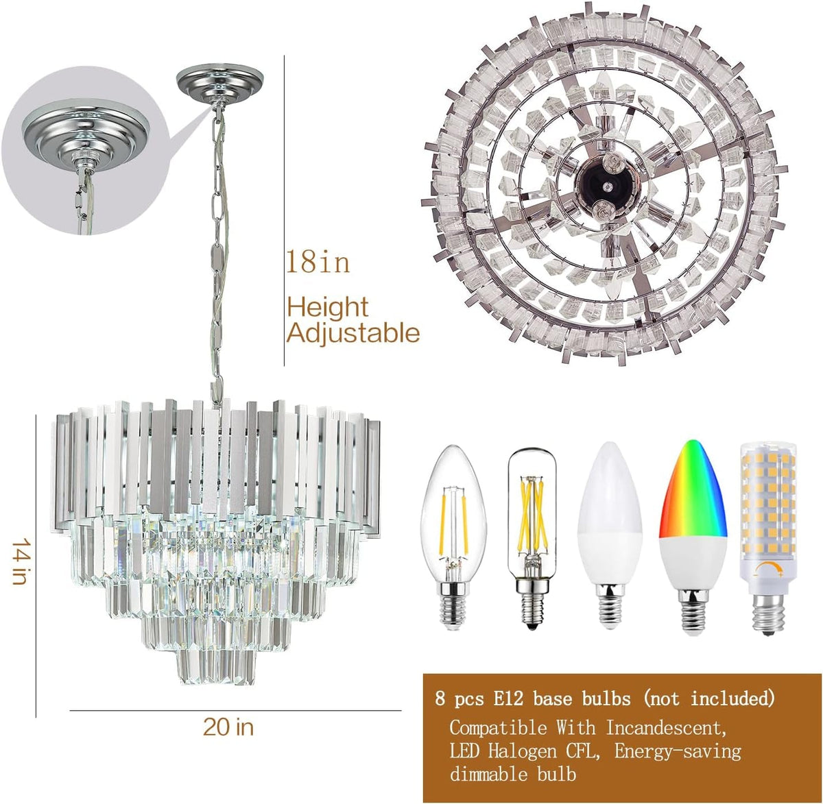 Chrome Crystal Chandelier 20 Inch 5 Tier 8 Light Pendant