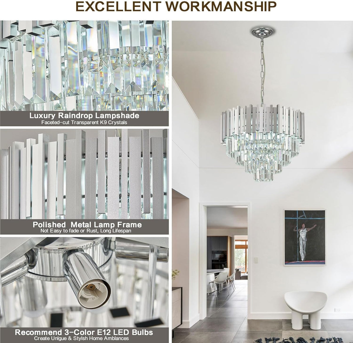Chrome Crystal Chandelier 20 Inch 5 Tier 8 Light Pendant