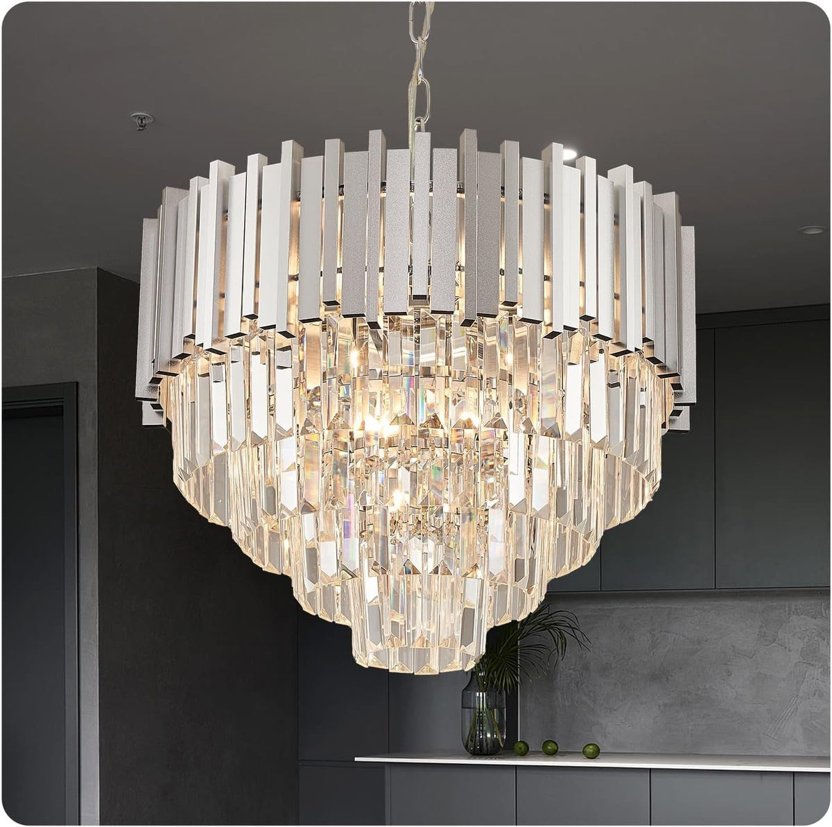 Chrome Crystal Chandelier 20 Inch 5 Tier 8 Light Pendant