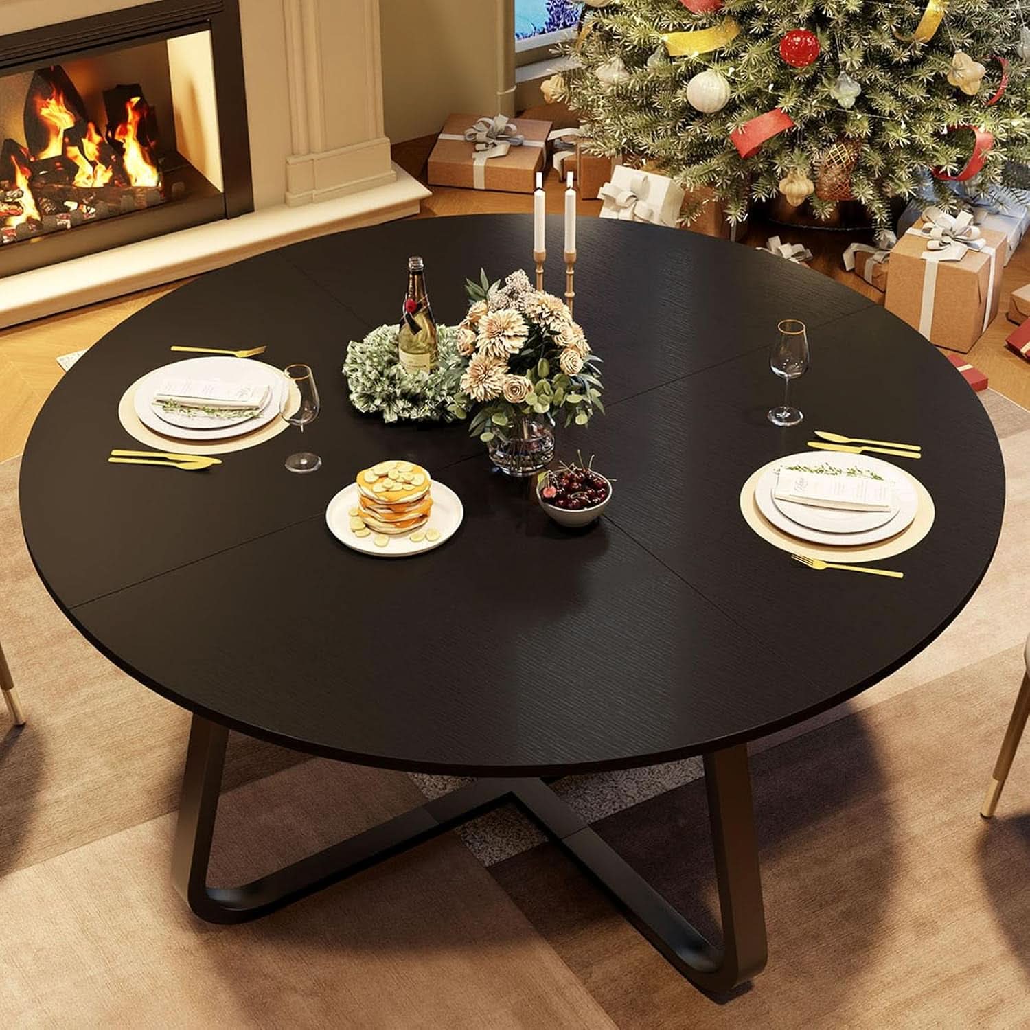 Circular Dining Table 51 Inch Black Oak Wood Finish